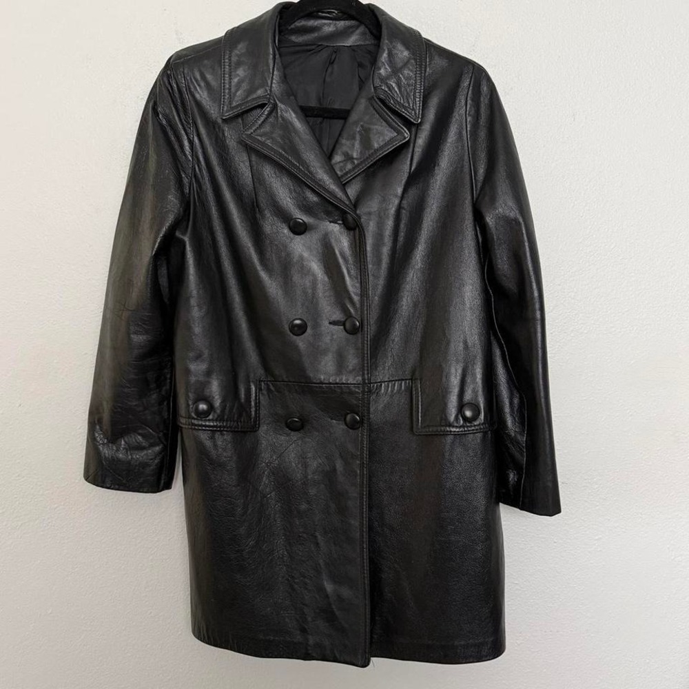 True Vintage 90s Black Leather Double Breasted Minimalist Coat M